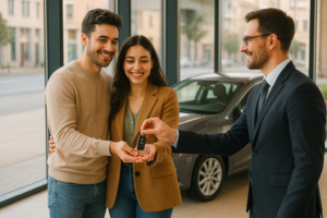 Pareja italiana recibiendo las llaves de un auto usado en noleggio a lungo termine de un agente profesional en una oficina moderna