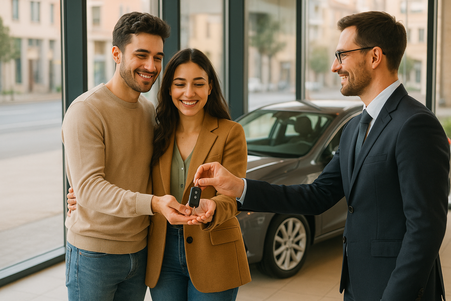 Pareja italiana recibiendo las llaves de un auto usado en noleggio a lungo termine de un agente profesional en una oficina moderna