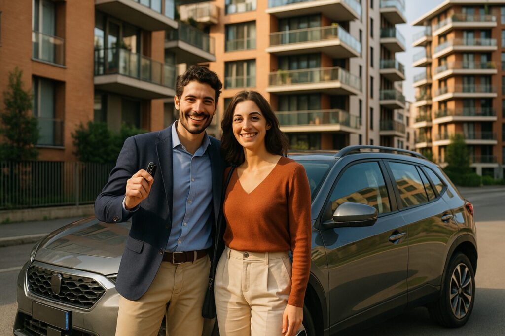 Coppia italiana soddisfatta con crossover usato in noleggio a lungo termine a Milano senza anticipo