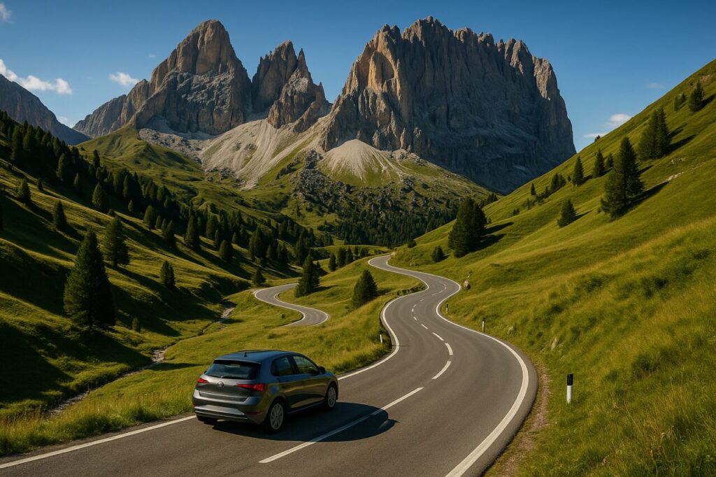 Strada secondaria nelle Dolomiti con curve tecniche e panorami montani spettacolari, ideale per noleggio auto a lungo termine per appassionati di guida