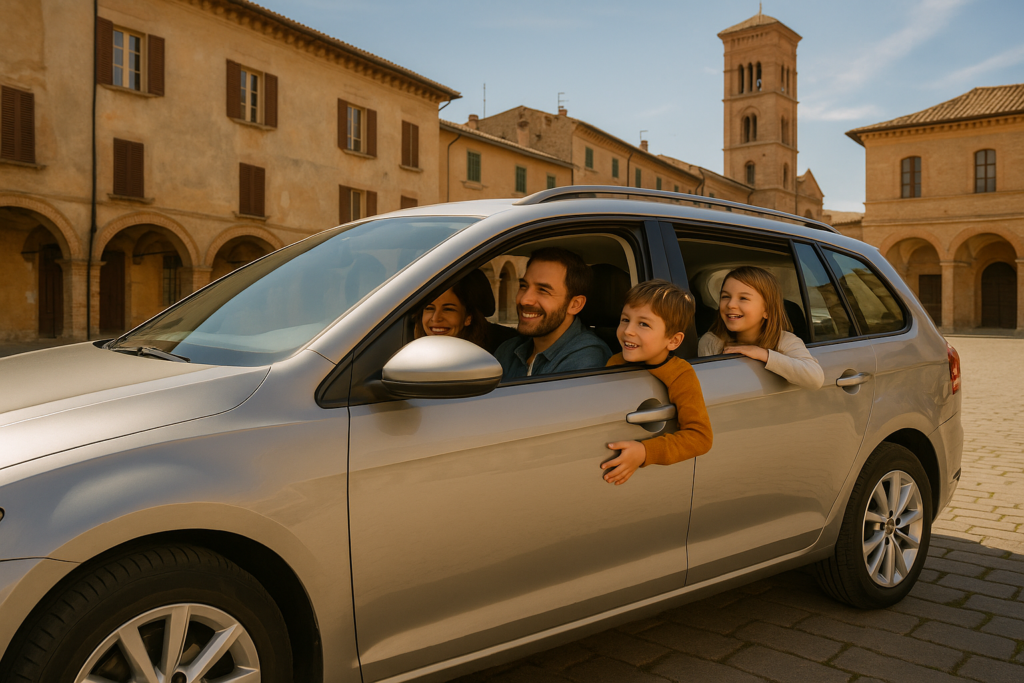 Famiglia italiana in auto noleggio lungo termine, spaziosità e comfort, serenità e protezione assicurativa