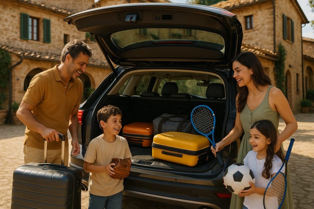 Famiglia italiana carica bagagli in auto usata con spazio maletero generoso, noleggio lungo termine conveniente