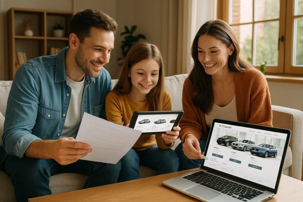 Famiglia italiana confronta offerte noleggio auto usata online, processo semplice trasparente senza anticipo