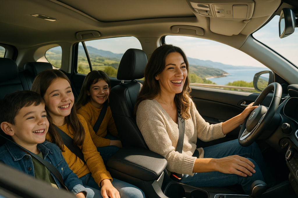 Familia italiana disfrutando de un viaje en SUV usado en noleggio a lungo termine sin preocupaciones