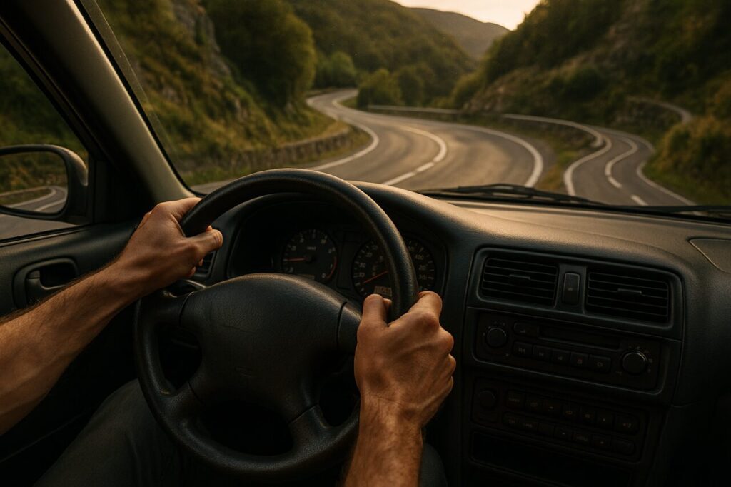 Mani del conducente sul volante di un'auto usata noleggiata che sente il feedback della strada su una curva tecnica di una strada secondaria italiana