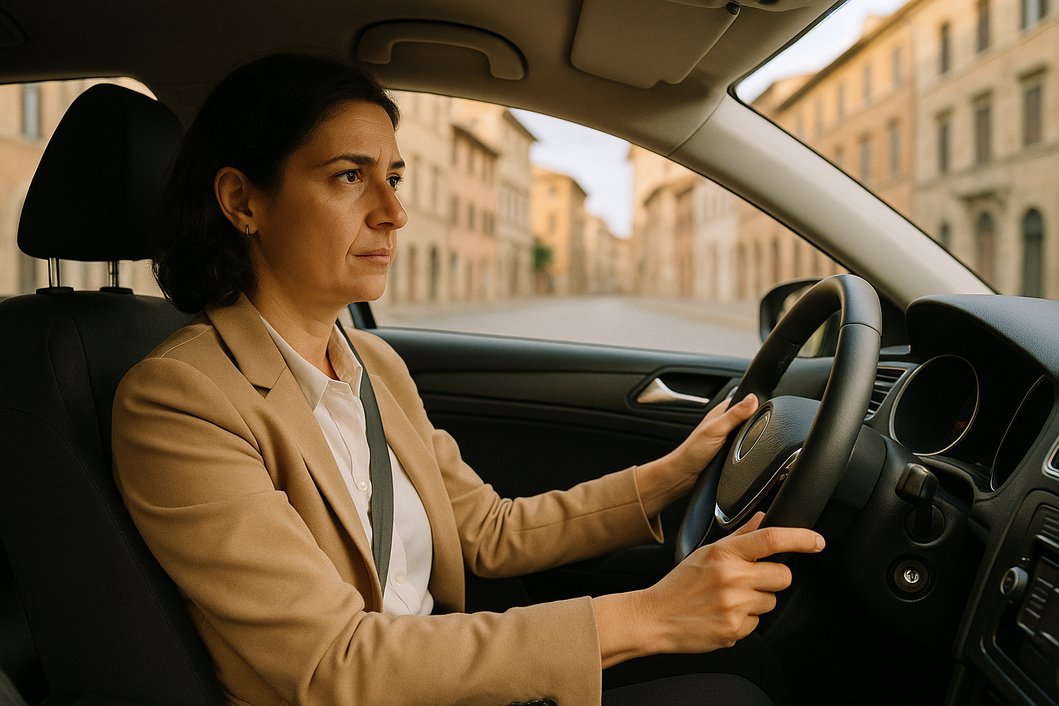 Conductora responsable en auto usado seminuevo en noleggio a lungo termine, cuidado del vehículo, guida consapevole, auto italiana