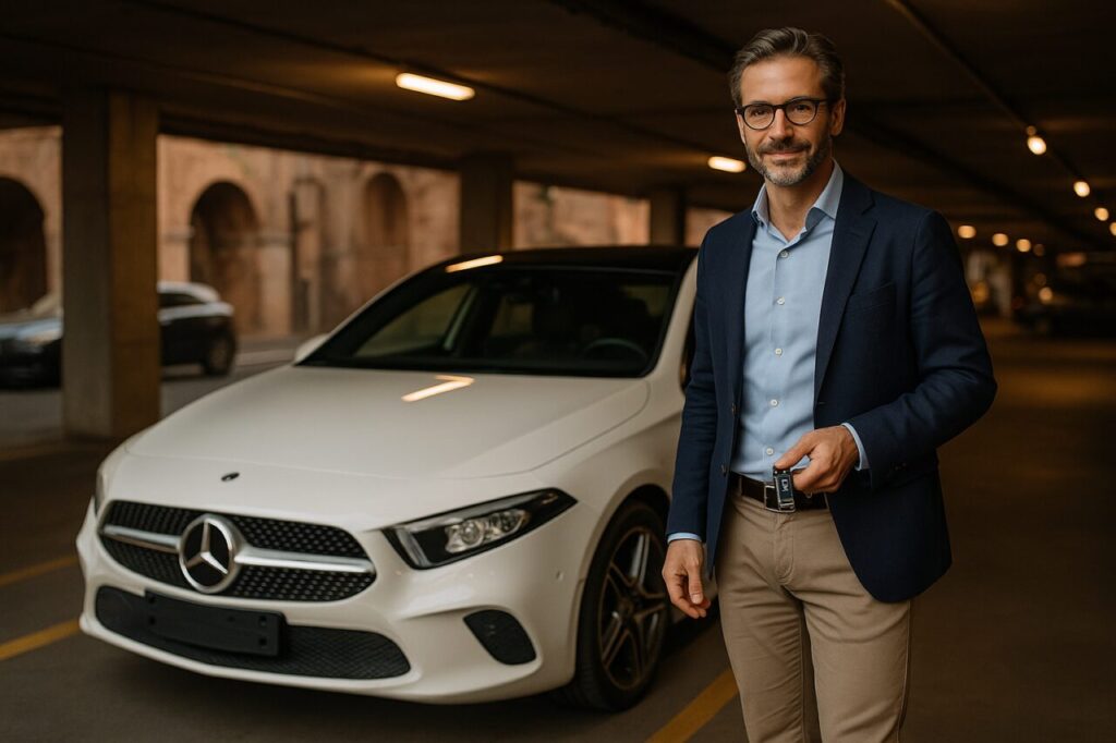 Professionista italiano con Mercedes Classe A Sedán in noleggio a lungo termine a Roma