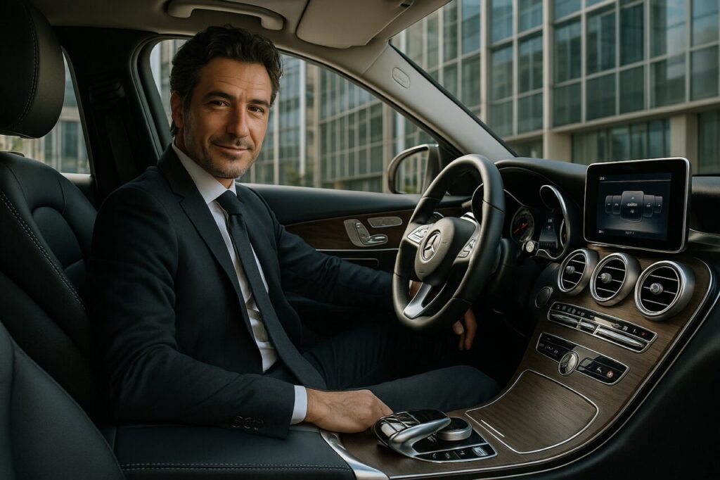 Professionista italiano a bordo di Mercedes Classe C km0 in noleggio lungo termine Milano
