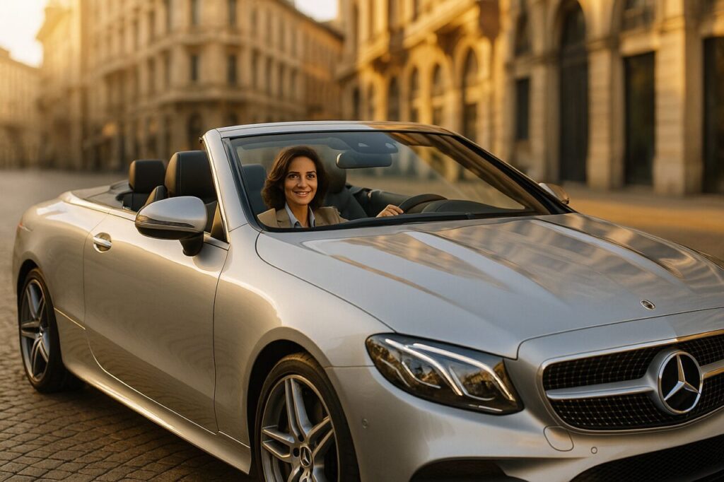 Professionista italiano alla guida di una Mercedes Classe E Cabrio in noleggio a lungo termine in città italiana