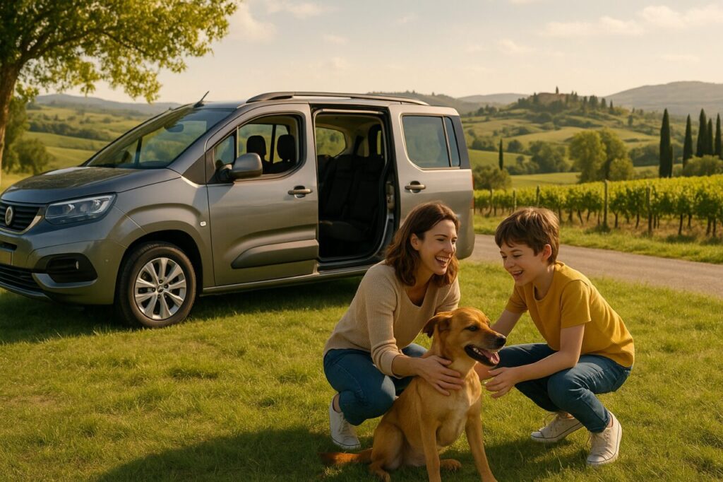 Famiglia con cane monovolume noleggio lungo termine spazioso, sosta pausa viaggio, flessibilità sedili, vacanza animali