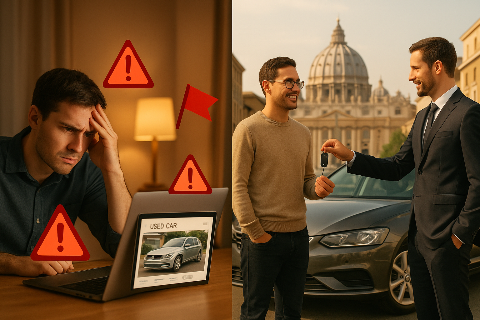 Confronto tra i rischi dell'acquisto di auto usate online e la sicurezza del noleggio a lungo termine di NLT Usato.it
