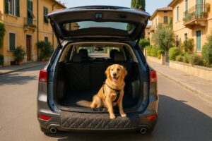 SUV noleggio lungo termine con cane grande nel bagagliaio, imbragatura di sicurezza, interni spaziosi e pelle, strada italiana