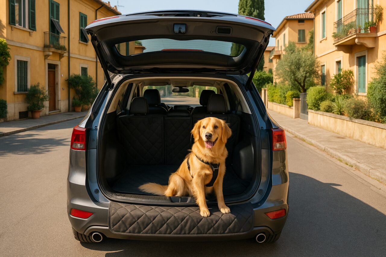 SUV noleggio lungo termine con cane grande nel bagagliaio, imbragatura di sicurezza, interni spaziosi e pelle, strada italiana
