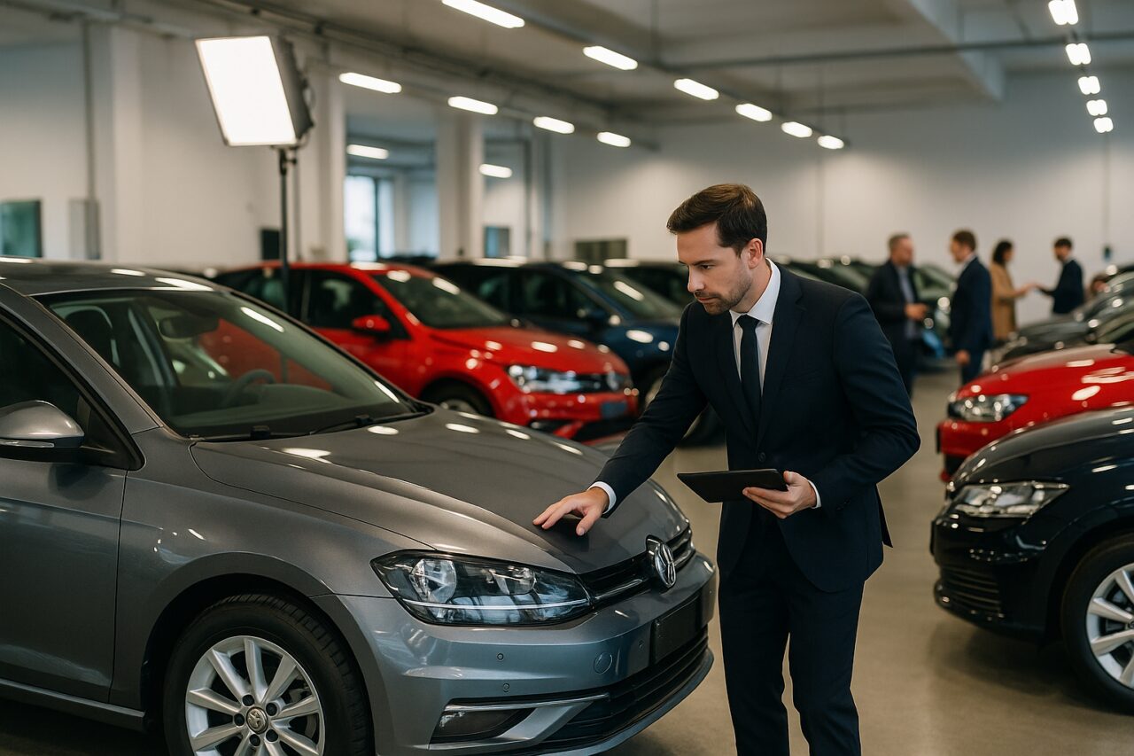 Professionista valuta auto usata in sala esposizione italiana, noleggio lungo termine, selezione qualità, trasparenza