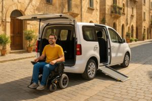Persona in sedia a rotelle che sale su un'auto attrezzata in noleggio a lungo termine per disabili in una città italiana