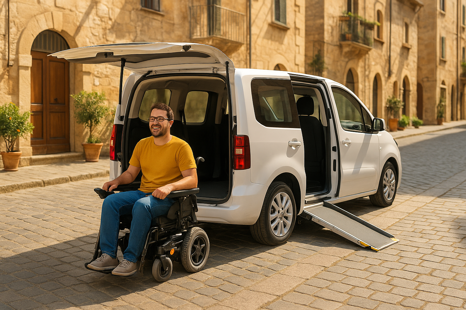 Persona in sedia a rotelle che sale su un'auto attrezzata in noleggio a lungo termine per disabili in una città italiana