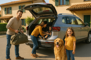 Famiglia italiana con bambini e cane che carica un SUV in noleggio a lungo termine
