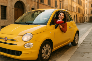 Donna italiana con auto piccola usata in noleggio a lungo termine in centro città