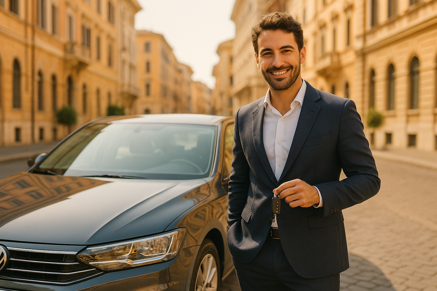 Uomo italiano soddisfatto accanto a un'auto usata in noleggio a lungo termine con assicurazione inclusa