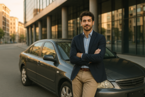 Giovane imprenditore italiano accanto a un'auto aziendale usata in noleggio a lungo termine senza garanzie bancarie