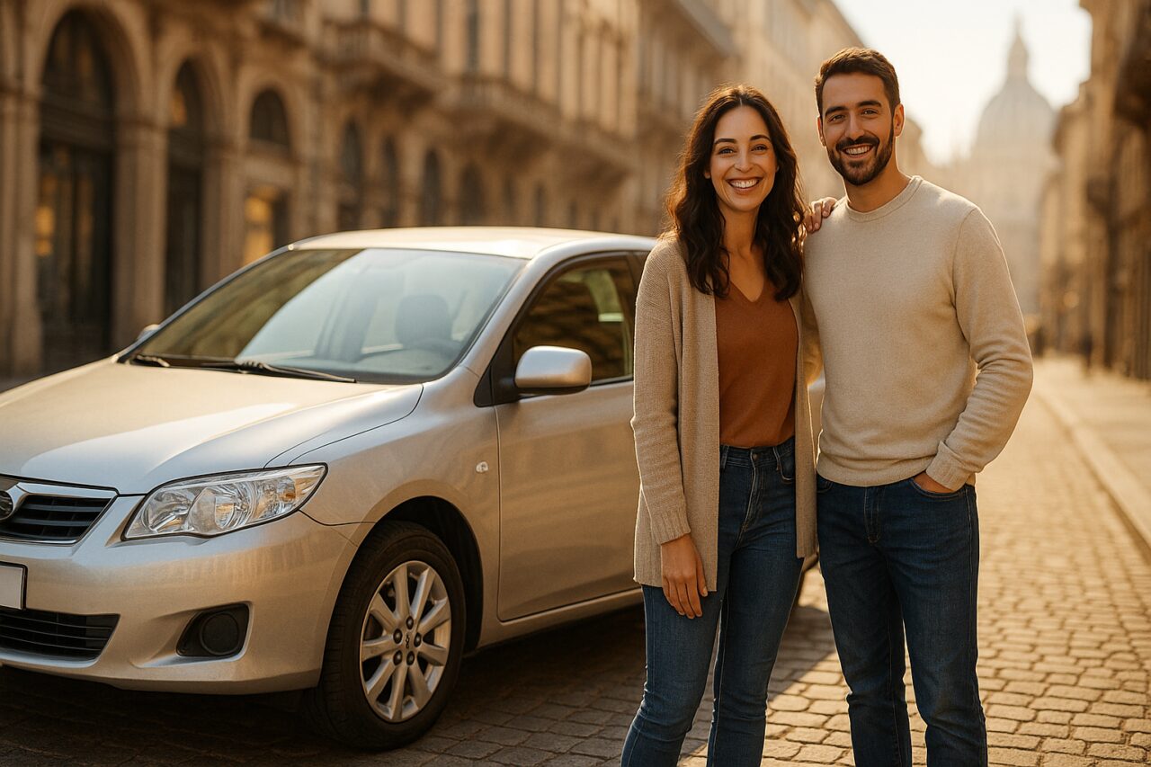 Coppia italiana accanto a un'auto usata in noleggio a lungo termine su strada italiana