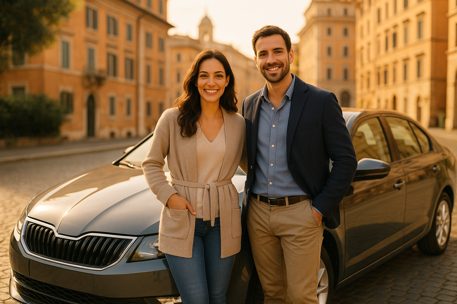 Coppia italiana soddisfatta accanto a un'auto usata in noleggio a lungo termine in una città italiana