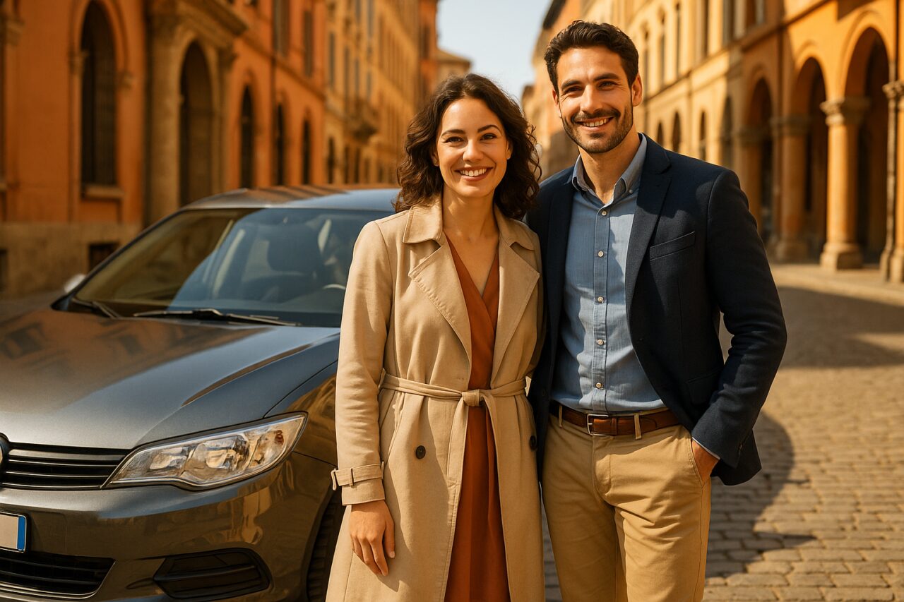 Coppia italiana soddisfatta accanto a un'auto usata in noleggio a lungo termine su una strada italiana