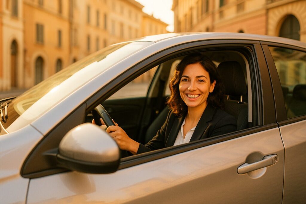 Donna italiana soddisfatta con auto usata in noleggio a lungo termine NLT senza anticipo