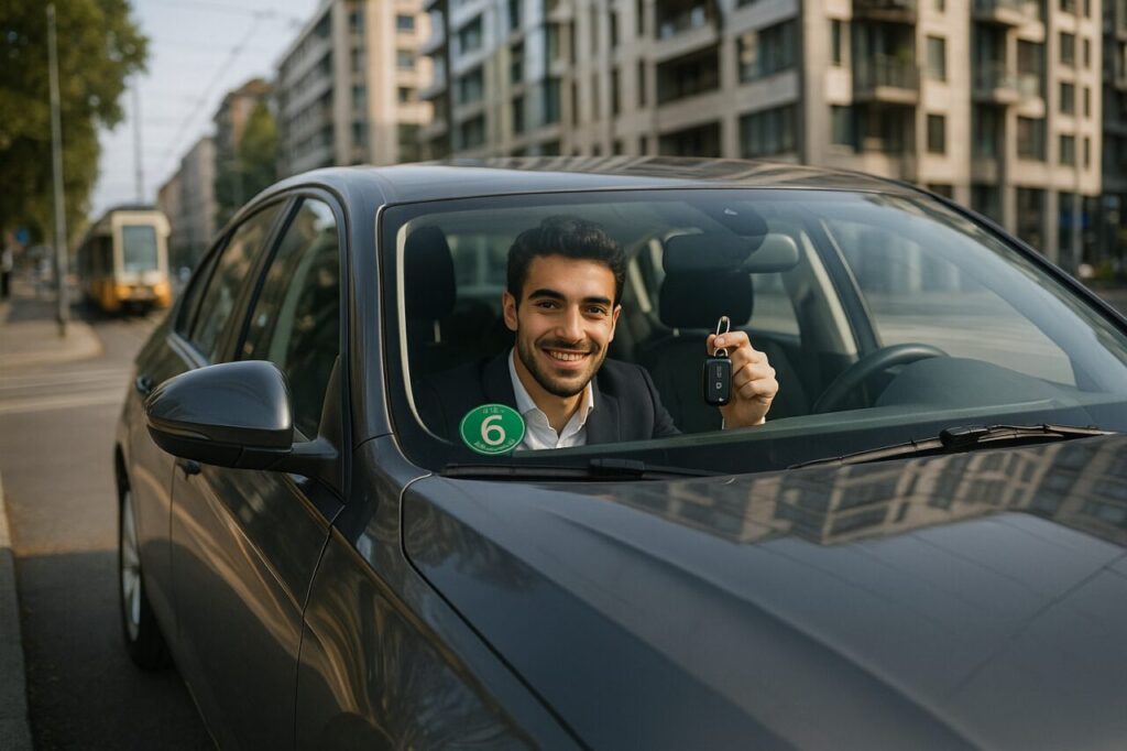 Professionista italiano in auto usata Euro 6 con bollino verde per noleggio a lungo termine a Milano