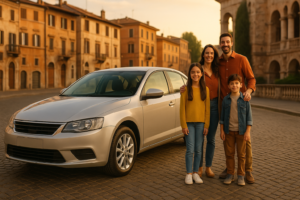 Famiglia italiana con auto usata in noleggio a lungo termine su strada italiana
