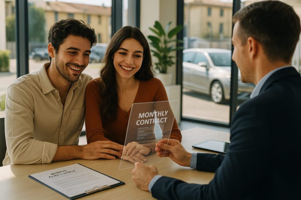 Coppia italiana che sceglie il noleggio a lungo termine di auto usata senza anticipo presso agenzia NLT