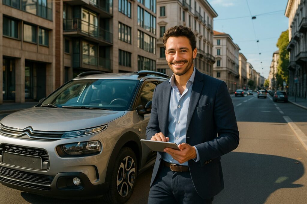 Professionista italiano soddisfatto con auto usata in noleggio a lungo termine in città italiana