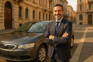 Professionista italiano soddisfatto accanto a un'auto usata in noleggio a lungo termine in una città italiana