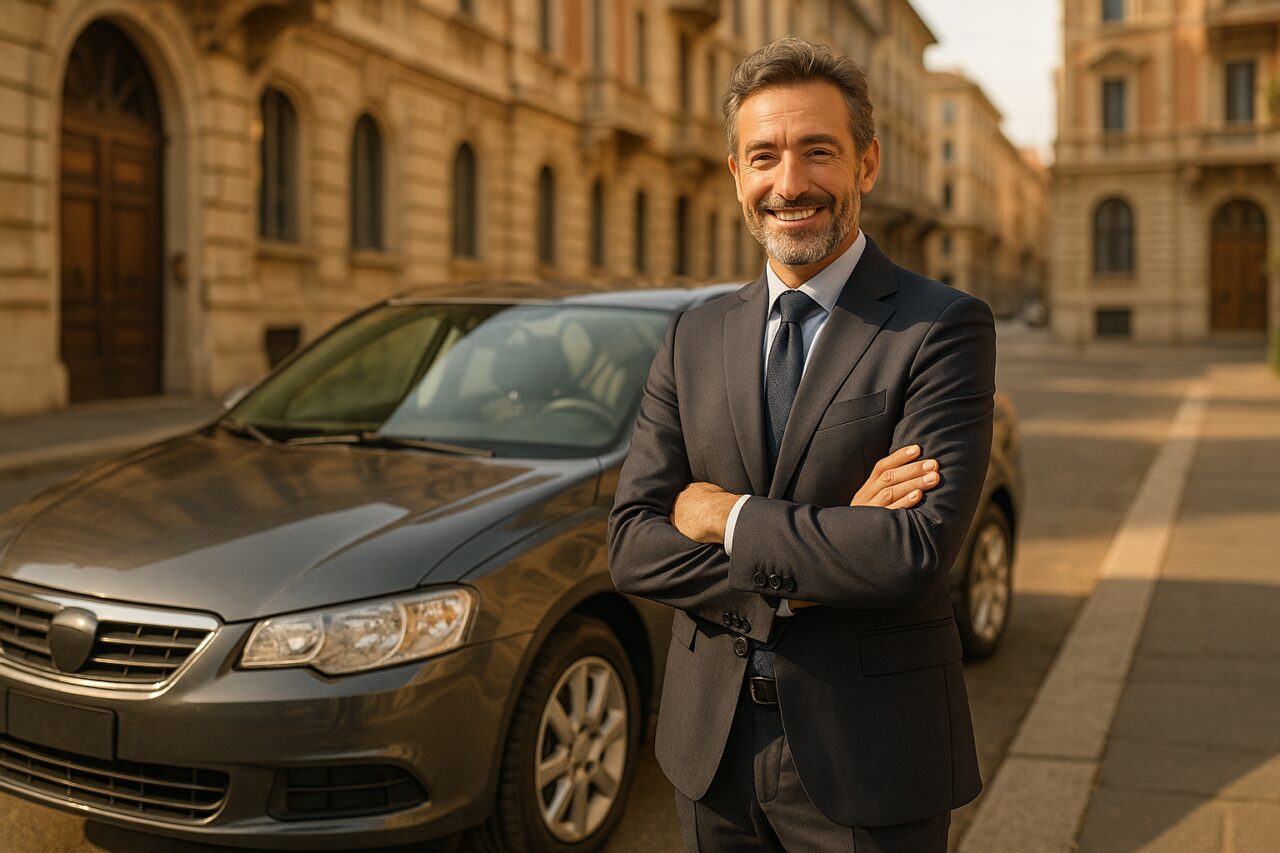 Professionista italiano soddisfatto accanto a un'auto usata in noleggio a lungo termine in una città italiana