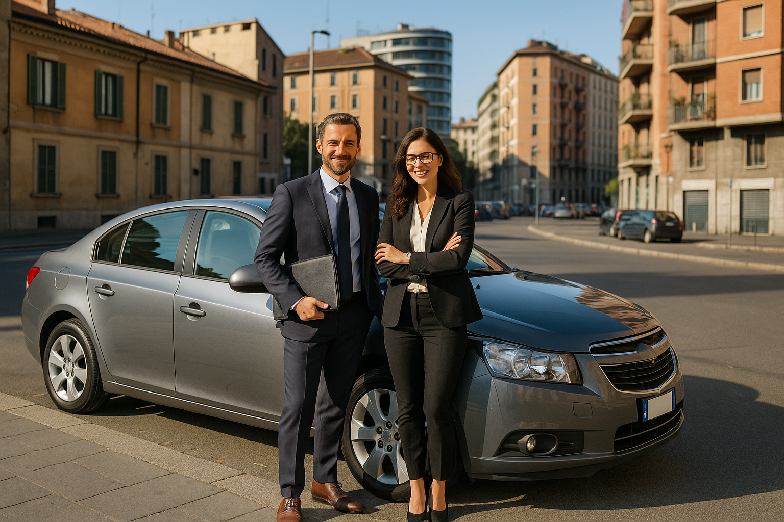 Coppia di italiani davanti a auto usata in noleggio a lungo termine, strada urbana italiana, fiducia e serenità nel guidare