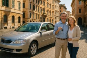 Auto usata seminuova in noleggio a lungo termine con coppia felice a Roma, garanzia e affidabilità NLT