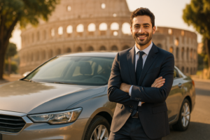 Uomo italiano sorridente accanto a un'auto usata in noleggio a lungo termine a Roma