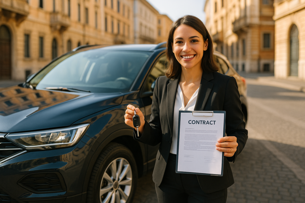 Donna italiana soddisfatta con auto usata seminuova in noleggio a lungo termine senza anticipo