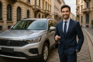 Uomo professionista italiano con SUV usato seminuovo in noleggio a lungo termine a Milano
