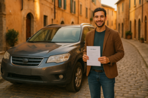 Uomo italiano soddisfatto accanto a un'auto usata in noleggio a lungo termine senza garanzie ingannevoli