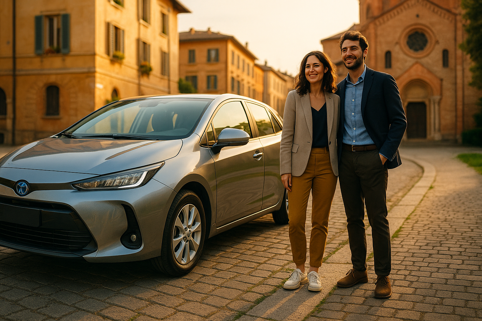 Noleggio a lungo termine auto usata sostenibile in città italiana con coppia di professionisti