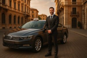 Conducente NCC professionale accanto a berlina usata in noleggio a lungo termine in una città italiana