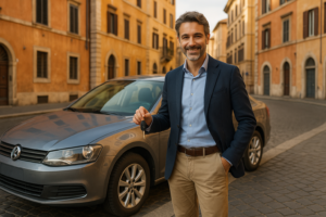 Uomo italiano con auto usata in noleggio a lungo termine per strada in città italiana