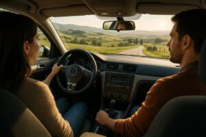 Coppia che viaggia in auto usata in noleggio lungo termine durante un weekend in Toscana, strada panoramica con paesaggio collinare