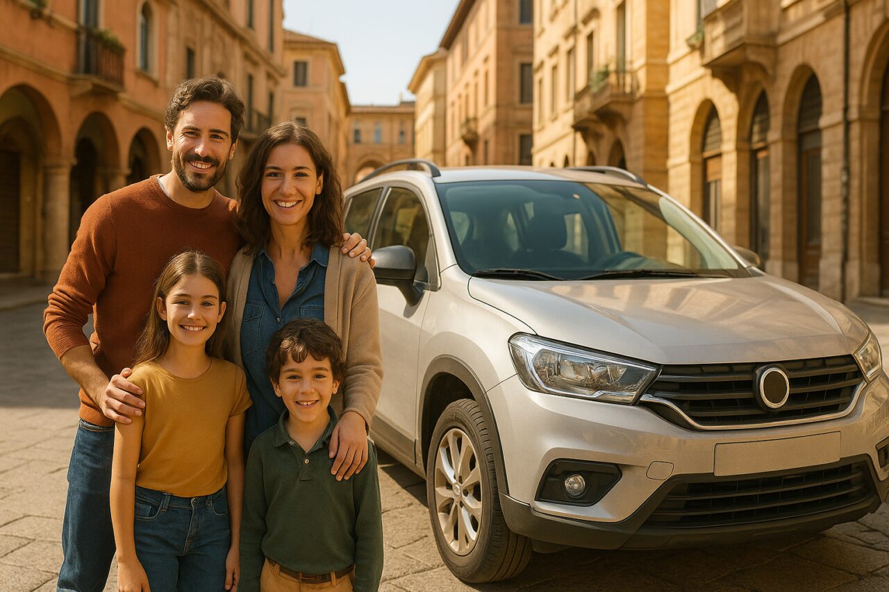 Famiglia italiana con SUV usato in noleggio a lungo termine in città italiana
