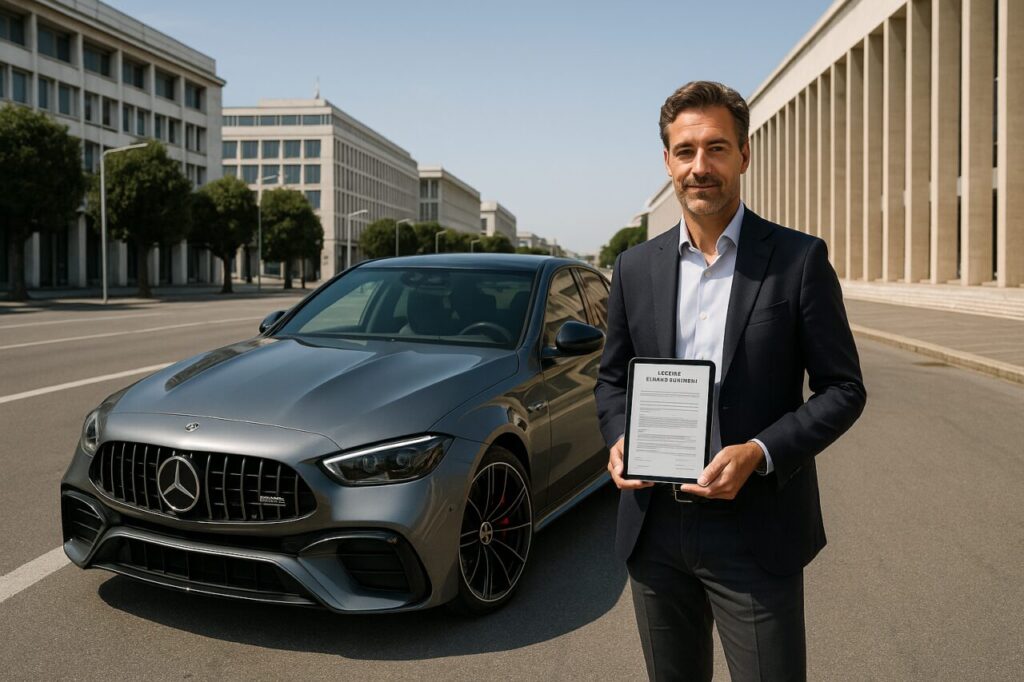 Professionista italiano firma contratto di noleggio a lungo termine Mercedes-AMG C 63 S E Performance a Roma