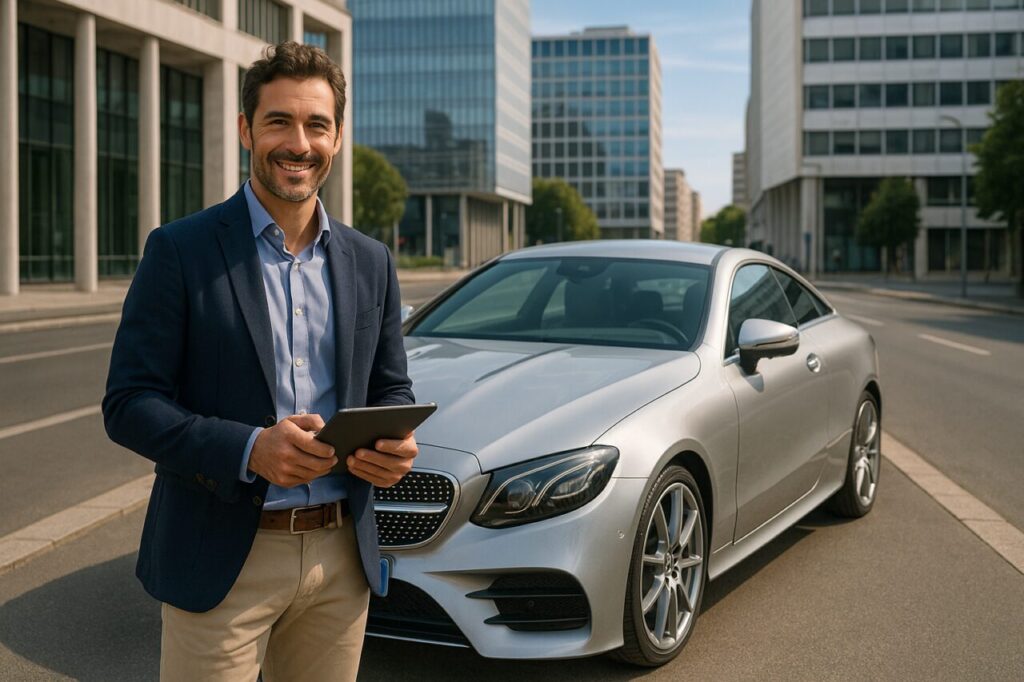 Professionista italiano con Mercedes Classe E Coupé km0 in noleggio a lungo termine a Roma
