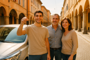 Giovane neopatentato italiano con le chiavi della sua prima auto in noleggio a lungo termine insieme ai genitori in una città italiana