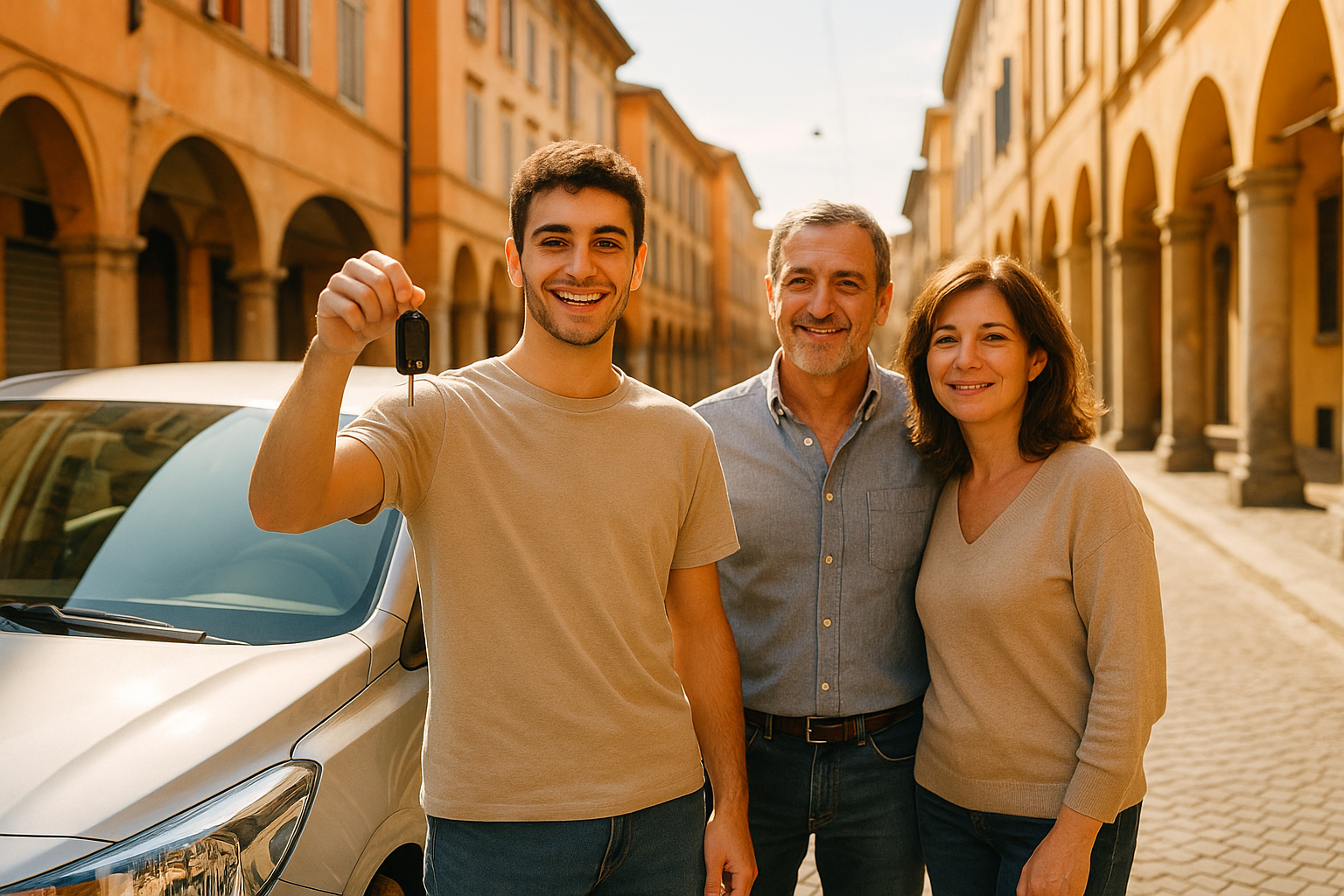 Giovane neopatentato italiano con le chiavi della sua prima auto in noleggio a lungo termine insieme ai genitori in una città italiana