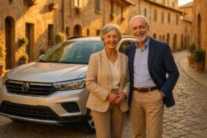 Coppia di pensionati italiani con auto usata in noleggio a lungo termine su strada italiana